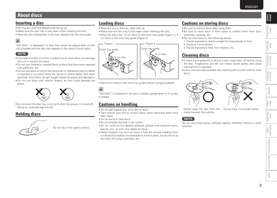 About discs, Inserting a disc, Holding discs | Loading discs, Cautions on handling, Cautions on storing discs, Cleaning discs | Marantz MER803 User Manual | Page 9 / 60