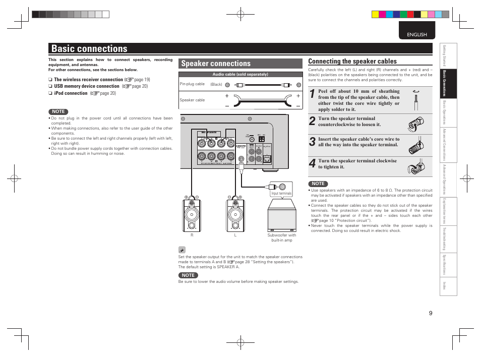 Basic connections, Speaker connections, Connecting the speaker cables | Marantz MCR503 User Manual | Page 14 / 43