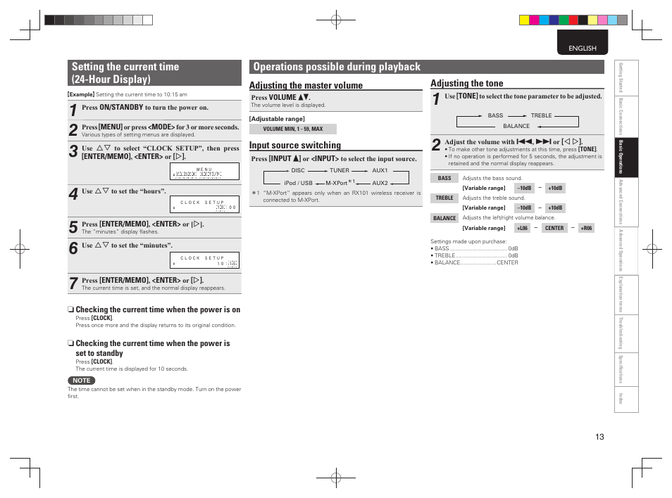 Setting the current time (24-hour display), Operations possible during playback, Adjusting the master volume | Input source switching, Adjusting the tone | Marantz MCR503 User Manual | Page 18 / 43