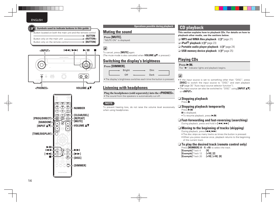 Cd playback, Muting the sound, Switching the display’s brightness | Listening with headphones, Playing cds | Marantz MCR503 User Manual | Page 19 / 43