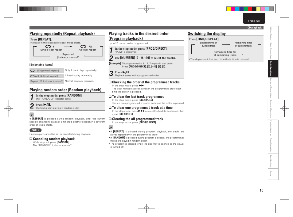 Playing repeatedly (repeat playback), Playing random order (random playback), Switching the display | Marantz MCR503 User Manual | Page 20 / 43