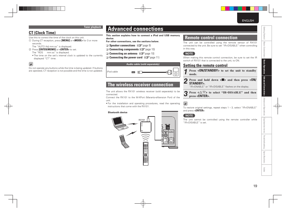 Advanced connections, The wireless receiver connection, Remote control connection | Setting the remote control, Ct (clock time) | Marantz MCR503 User Manual | Page 24 / 43