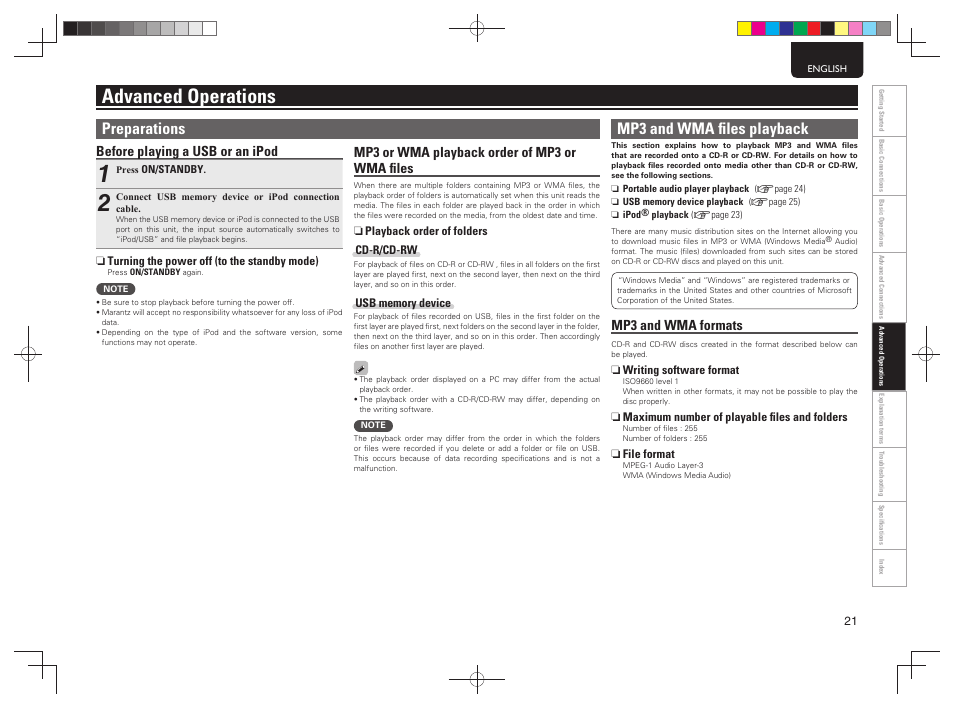 Advanced operations, Preparations, Mp3 and wma ﬁ les playback | Before playing a usb or an ipod, Mp3 or wma playback order of mp3 or wma ﬁ les, Mp3 and wma formats | Marantz MCR503 User Manual | Page 26 / 43