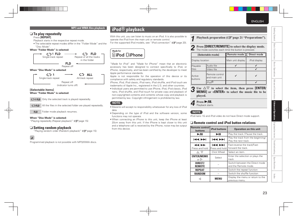 Ipod® playback | Marantz MCR503 User Manual | Page 28 / 43