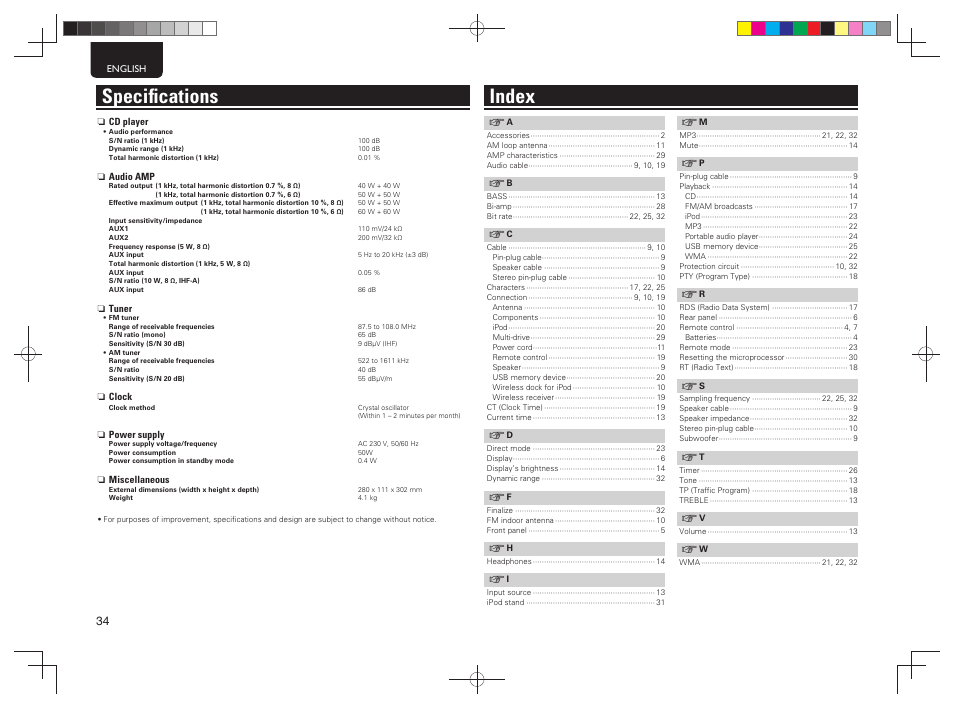 Speciﬁ cations index | Marantz MCR503 User Manual | Page 39 / 43