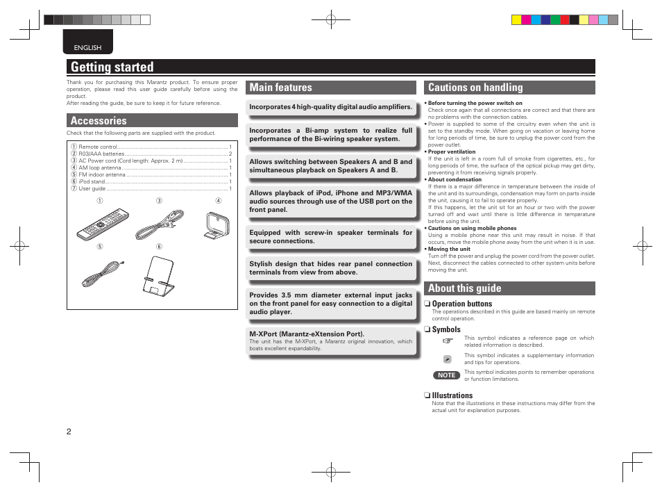 Getting started, Main features, Cautions on handling | About this guide, Accessories | Marantz MCR503 User Manual | Page 7 / 43