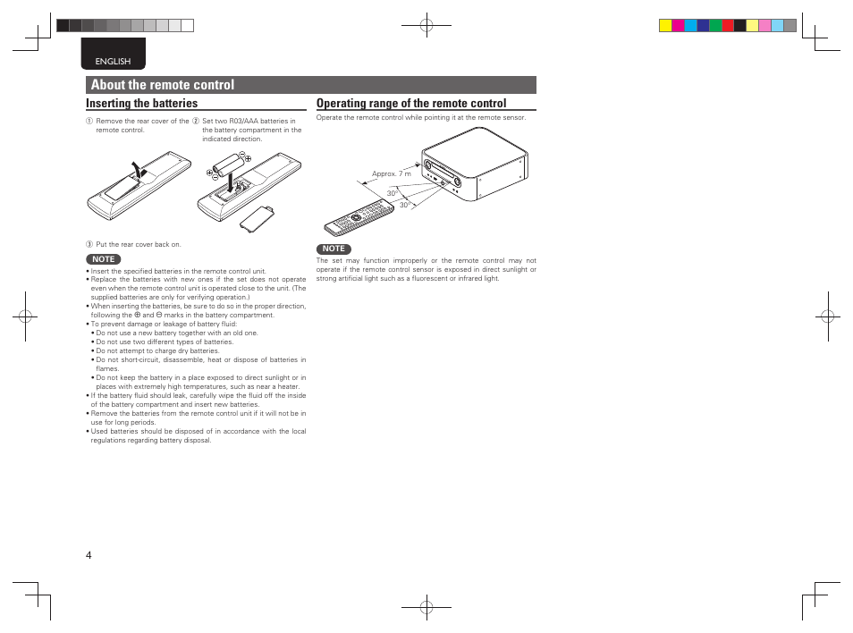 About the remote control, Inserting the batteries, Operating range of the remote control | Marantz MCR503 User Manual | Page 9 / 43
