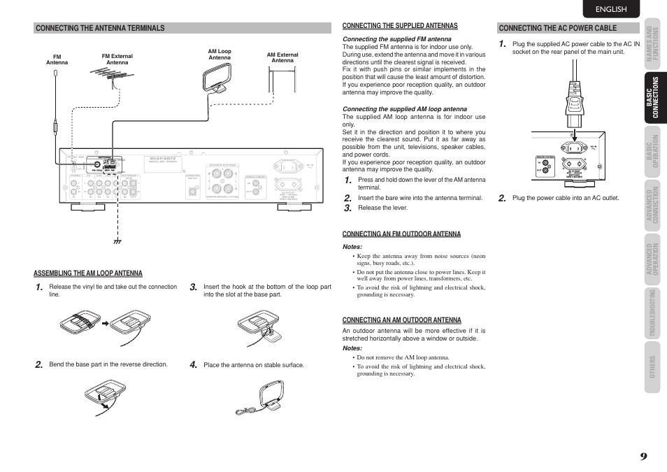 English connecting the antenna terminals, Connecting the ac power cable, Assembling the am loop antenna | Connecting the supplied antennas, Connecting an fm outdoor antenna, Connecting an am outdoor antenna, Bend the base part in the reverse direction, Insert the bare wire into the antenna terminal, Release the lever, Place the antenna on stable surface | Marantz SR5023 User Manual | Page 13 / 23