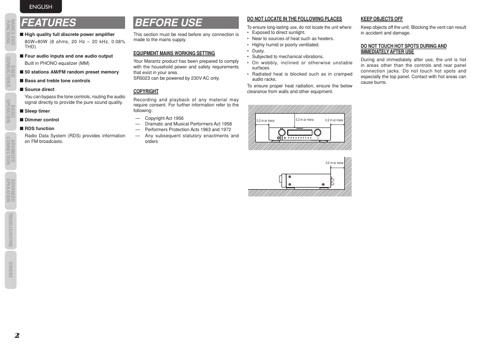 Features, Before use | Marantz SR5023 User Manual | Page 6 / 23
