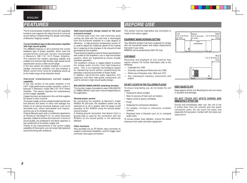 Features, Before use | Marantz MM8003 User Manual | Page 6 / 19