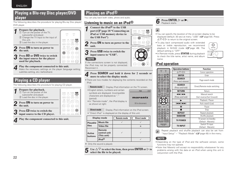 Playing a blu-ray disc player/dvd player, Playing a cd player, Playing an ipod | Listening to music on an ipod, Ipod operation | Marantz NR1601 User Manual | Page 28 / 88