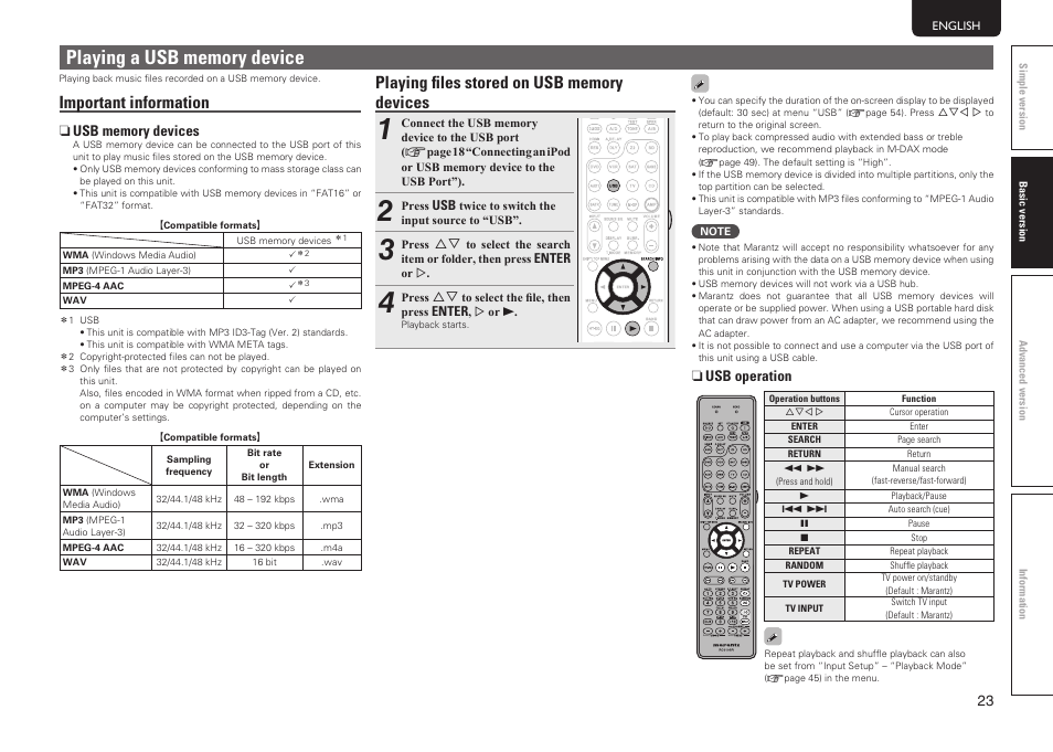 Important information, N usb operation | Marantz NR1601 User Manual | Page 29 / 88