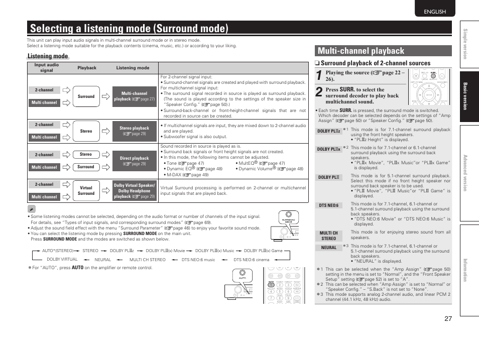 Selecting a listening mode (surround mode), Multi-channel playback, N surround playback of 2-channel sources | Listening mode | Marantz NR1601 User Manual | Page 33 / 88