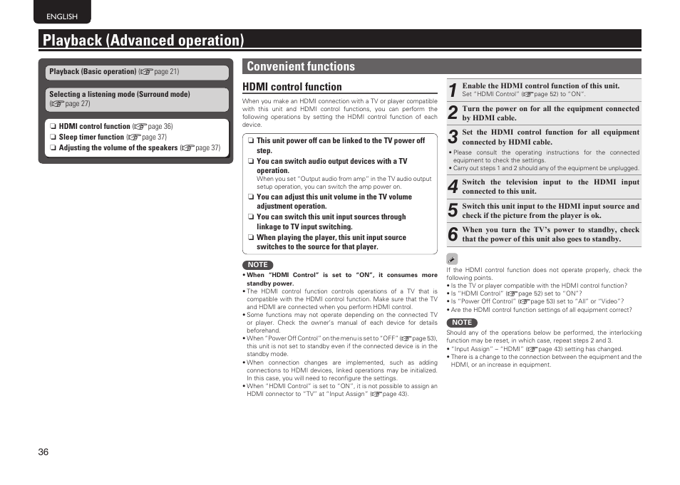 Playback (advanced operation), Convenient functions, Hdmi control function | Marantz NR1601 User Manual | Page 42 / 88