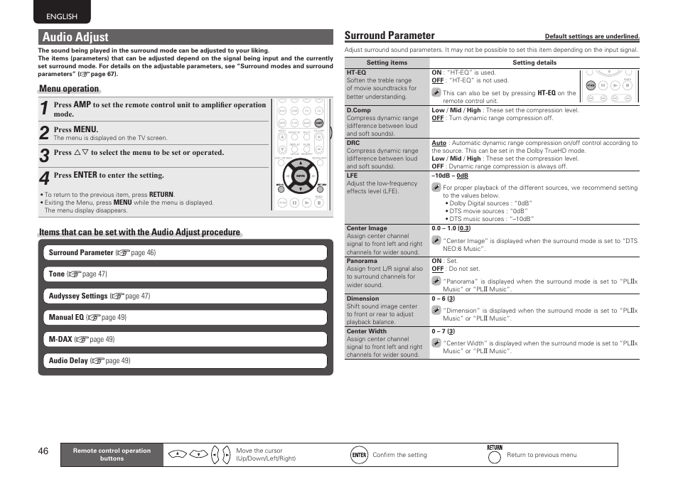 Audio adjust, Surround parameter | Marantz NR1601 User Manual | Page 52 / 88