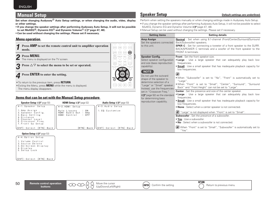 Manual setup, Speaker setup, Menu operation | Marantz NR1601 User Manual | Page 56 / 88