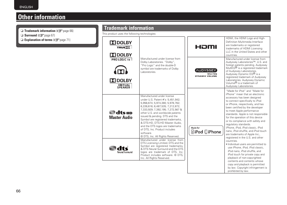 Other information, Trademark information | Marantz NR1601 User Manual | Page 72 / 88