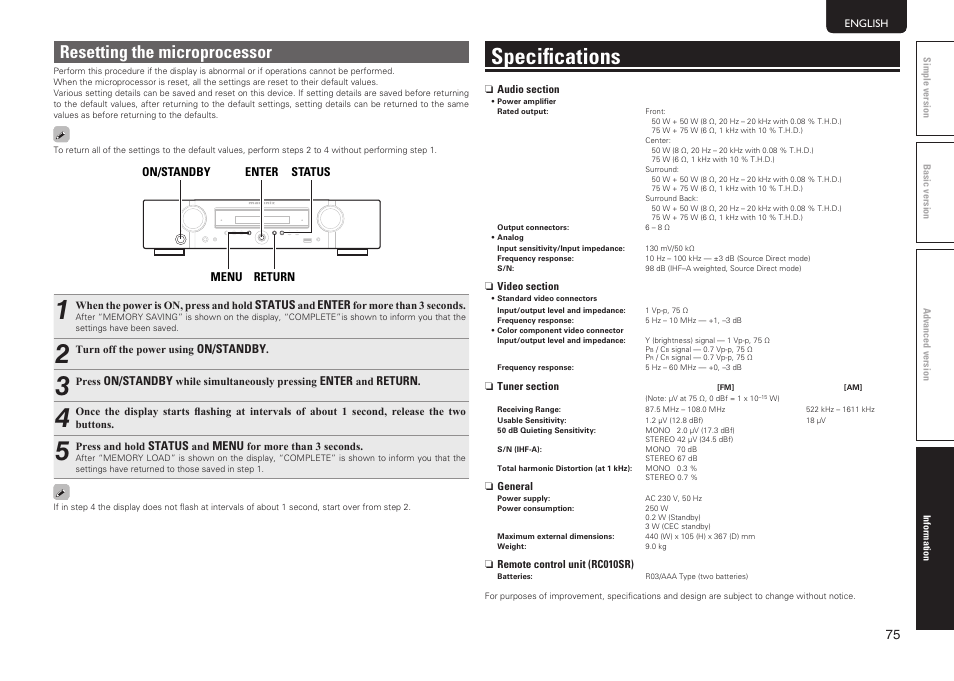 Specifications, Resetting the microprocessor | Marantz NR1601 User Manual | Page 81 / 88