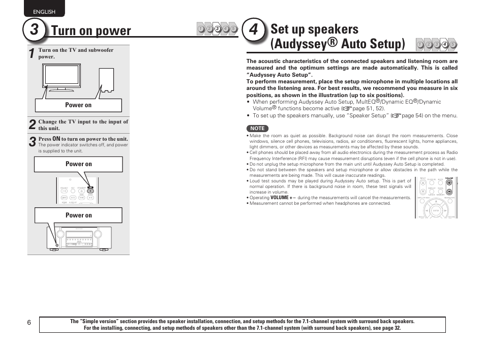 Set up speakers (audyssey® auto setup), Turn on power | Marantz SR5005 User Manual | Page 12 / 92