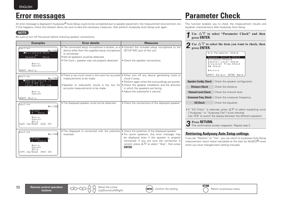 Parameter check, Error messages, Retrieving audyssey auto setup settings | Marantz SR5005 User Manual | Page 16 / 92