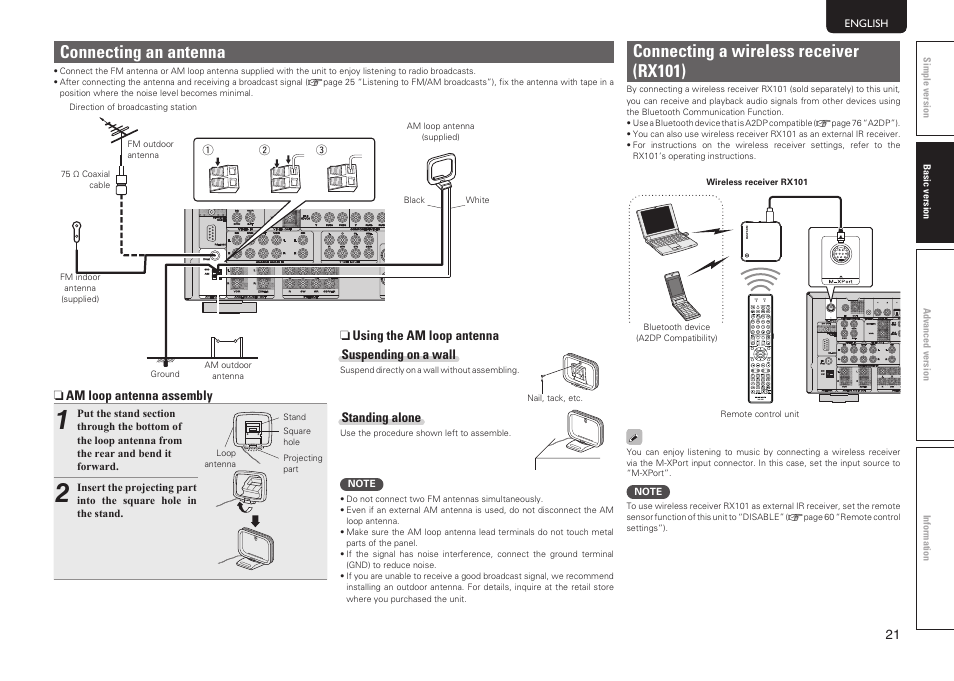 Connecting a wireless receiver (rx101), Connecting an antenna | Marantz SR5005 User Manual | Page 27 / 92