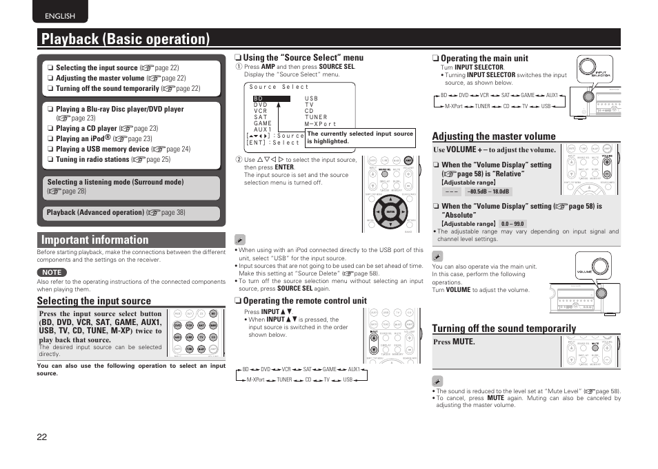 Playback (basic operation), Important information, Selecting the input source | Adjusting the master volume, Turning off the sound temporarily | Marantz SR5005 User Manual | Page 28 / 92