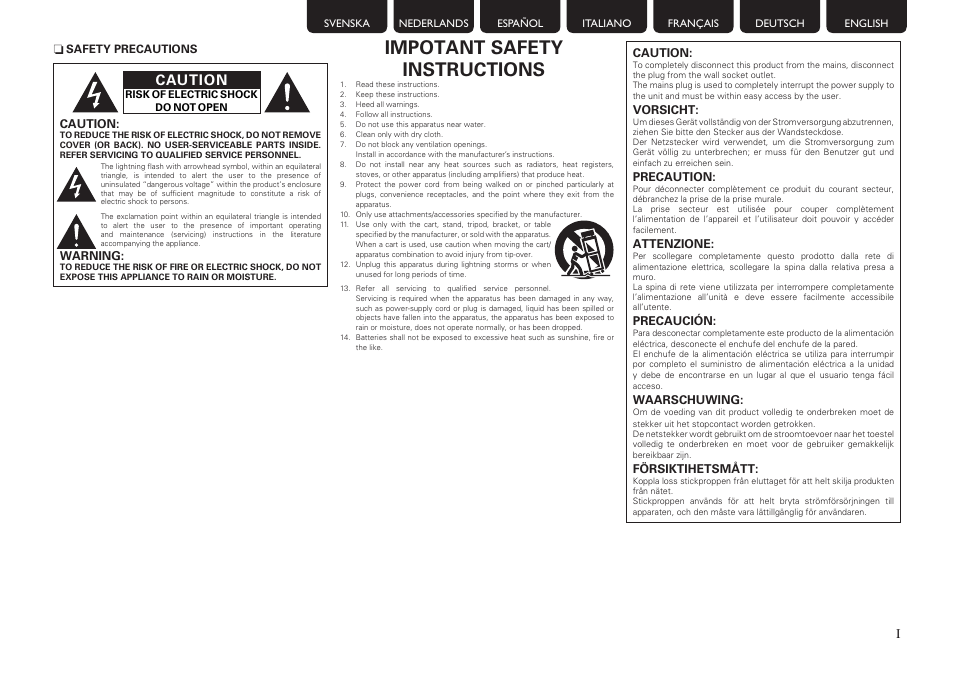 Impotant safety instructions, Caution | Marantz SR5005 User Manual | Page 3 / 92