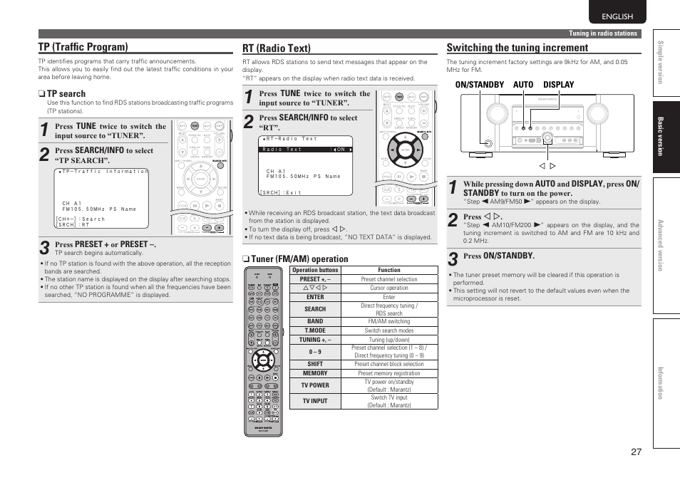 Tp (traffic program), Rt (radio text), Switching the tuning increment | Marantz SR5005 User Manual | Page 33 / 92