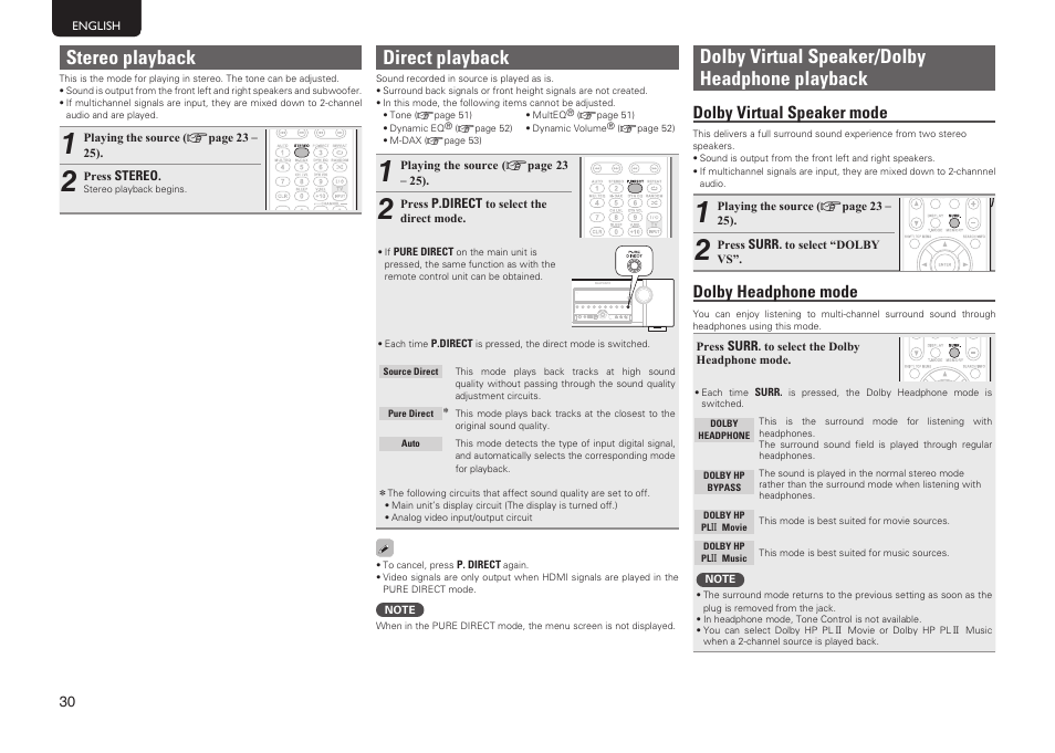 Stereo playback, Direct playback, Dolby virtual speaker/dolby headphone playback | Dolby virtual speaker mode, Dolby headphone mode | Marantz SR5005 User Manual | Page 36 / 92
