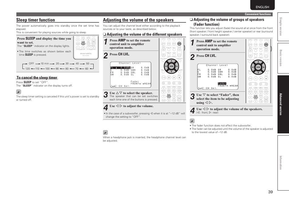 Sleep timer function, Adjusting the volume of the speakers | Marantz SR5005 User Manual | Page 45 / 92