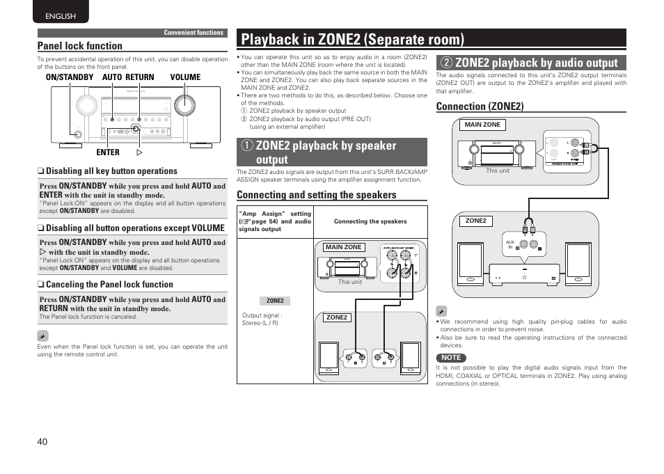 Playback in zone2 (separate room), Qzone2 playback by speaker output, Wzone2 playback by audio output | Connecting and setting the speakers, Connection (zone2), Panel lock function | Marantz SR5005 User Manual | Page 46 / 92