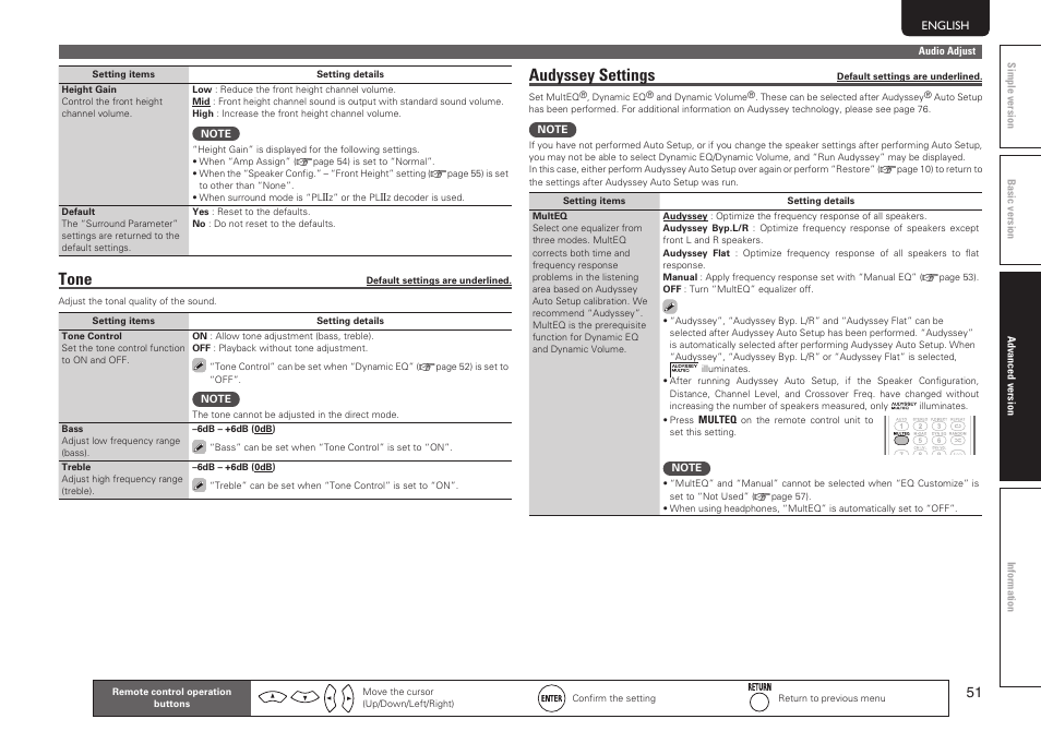 Tone, Audyssey settings | Marantz SR5005 User Manual | Page 57 / 92