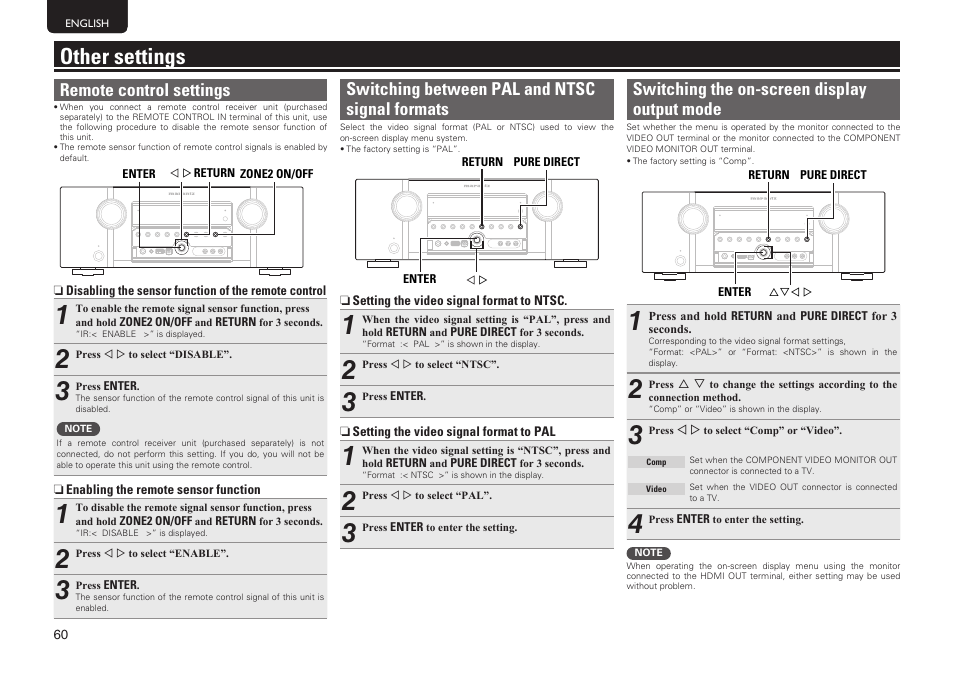 Other settings, Remote control settings, Switching between pal and ntsc signal formats | Switching the on-screen display output mode | Marantz SR5005 User Manual | Page 66 / 92