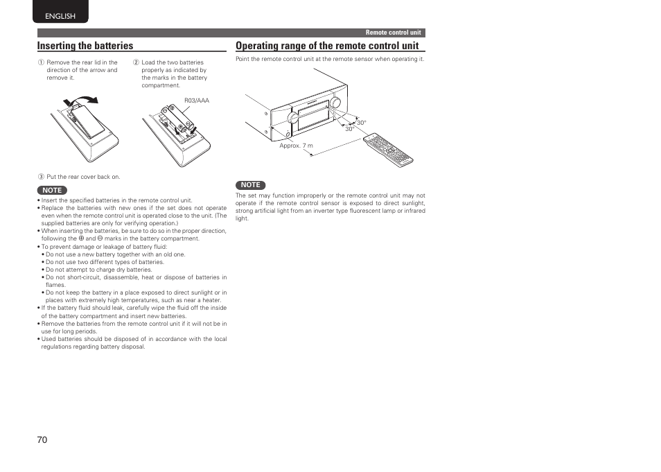 Operating range of the remote control unit, Inserting the batteries | Marantz SR5005 User Manual | Page 76 / 92
