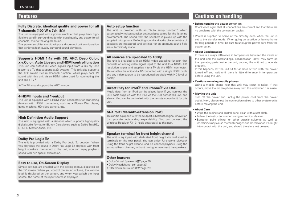 Cautions on handling, Features | Marantz SR5005 User Manual | Page 8 / 92