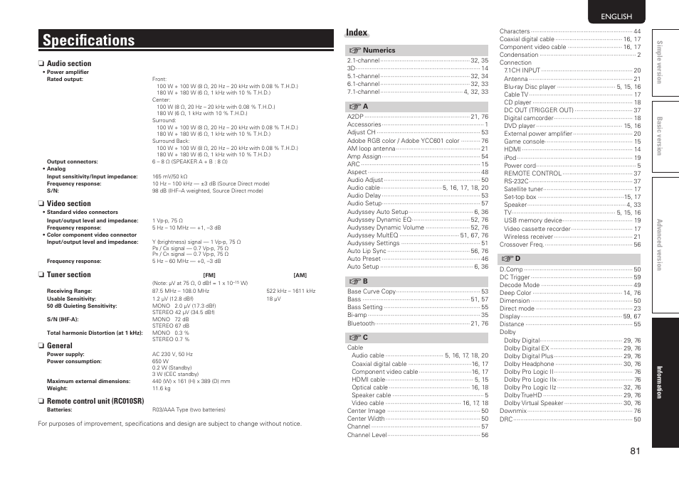 Specifications, Index | Marantz SR5005 User Manual | Page 87 / 92