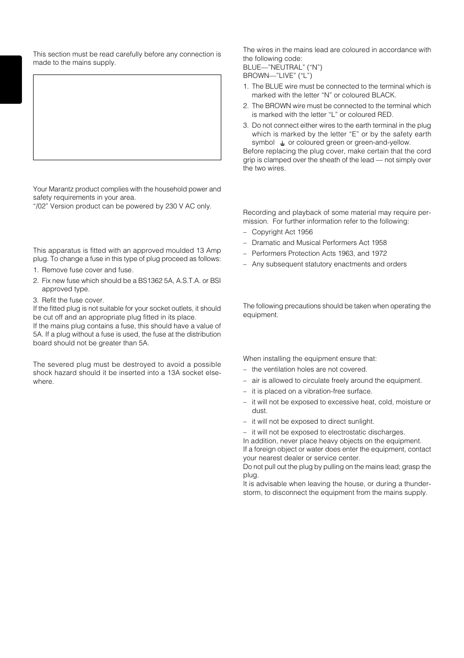 Precautions, Foreword, How to connect a plug | Copyright, General precautions, Warnings, Equipment mains working setting, Important | Marantz MA6100 User Manual | Page 4 / 9