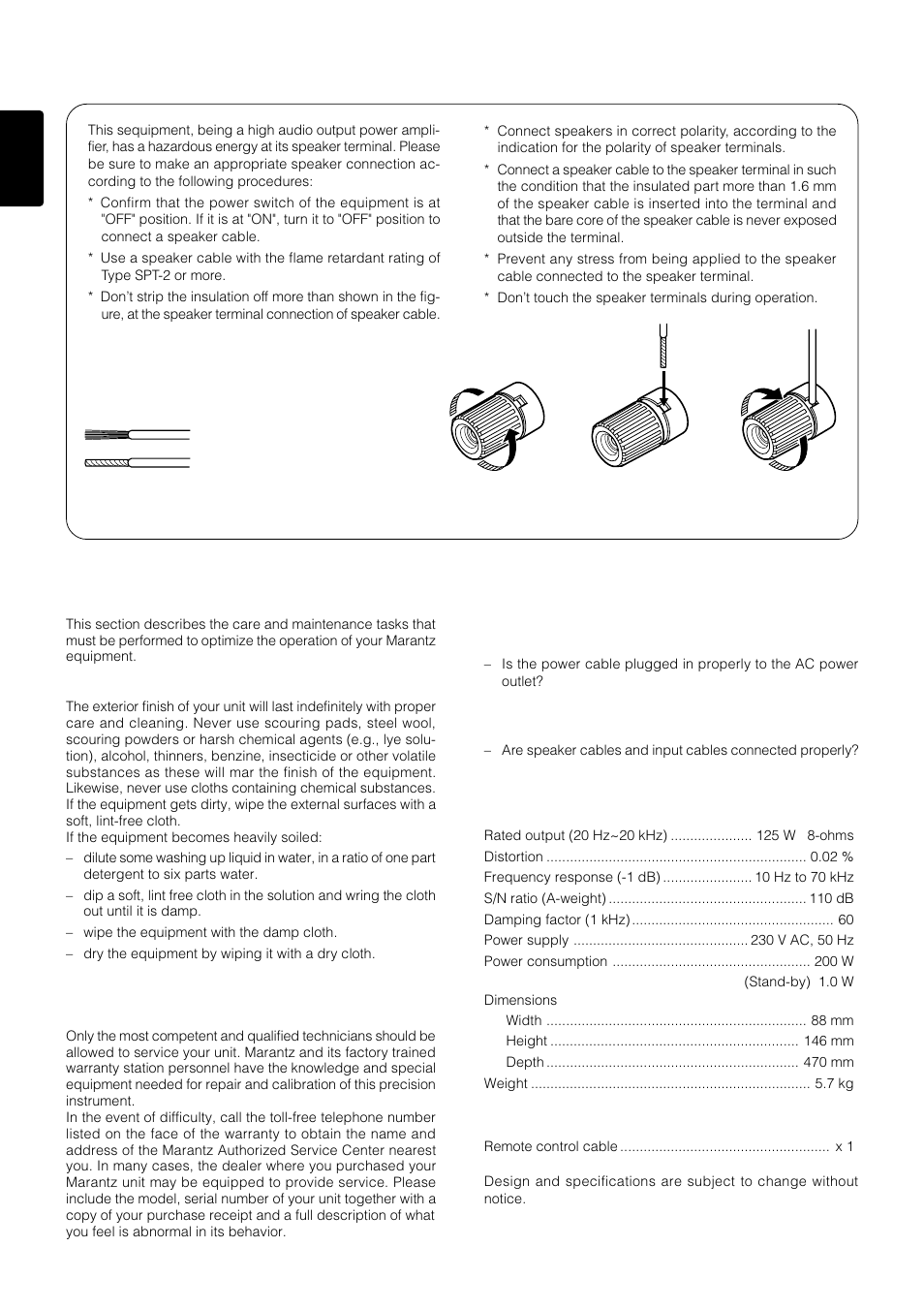 Troubleshooting, Specification, Care and maintenance | Repairs, Speaker connection | Marantz MA6100 User Manual | Page 8 / 9