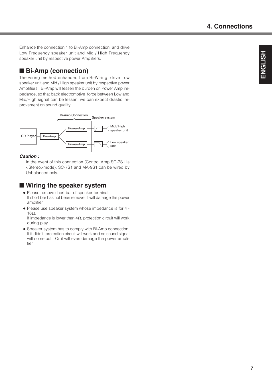 English, Bi-amp (connection), Wiring the speaker system | Connections | Marantz MA-9S1N User Manual | Page 11 / 47