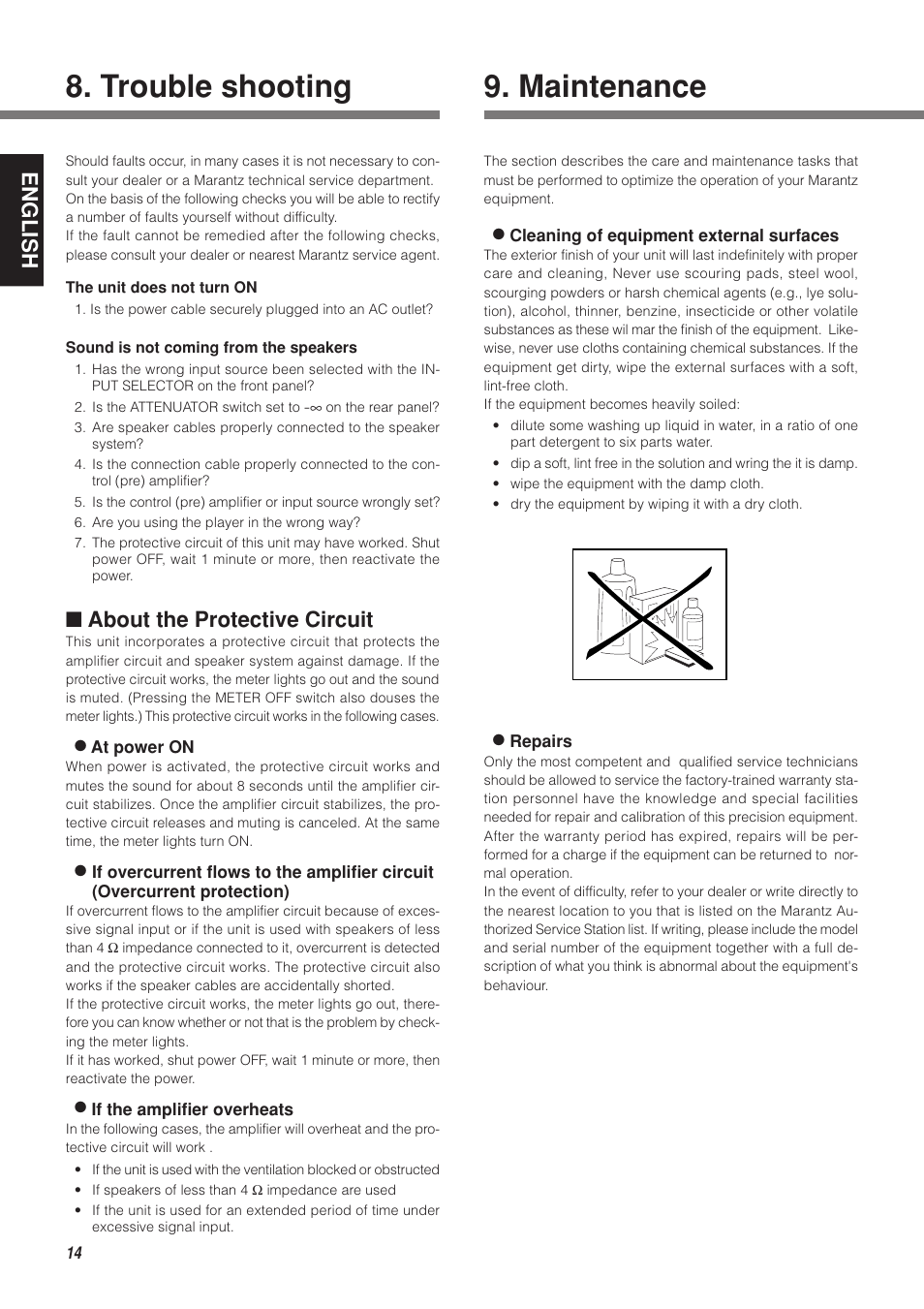 Trouble shooting, Maintenance, English | About the protective circuit | Marantz MA-9S1N User Manual | Page 18 / 47