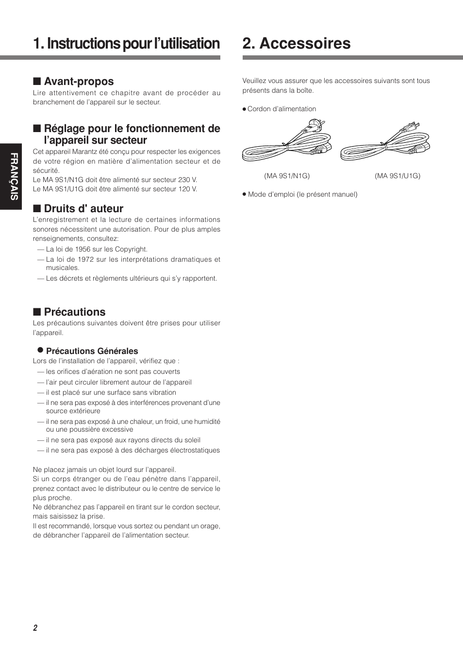 Accessoires 1. instructions pour l’utilisation, Avant-propos, Druits d' auteur | Précautions | Marantz MA-9S1N User Manual | Page 20 / 47