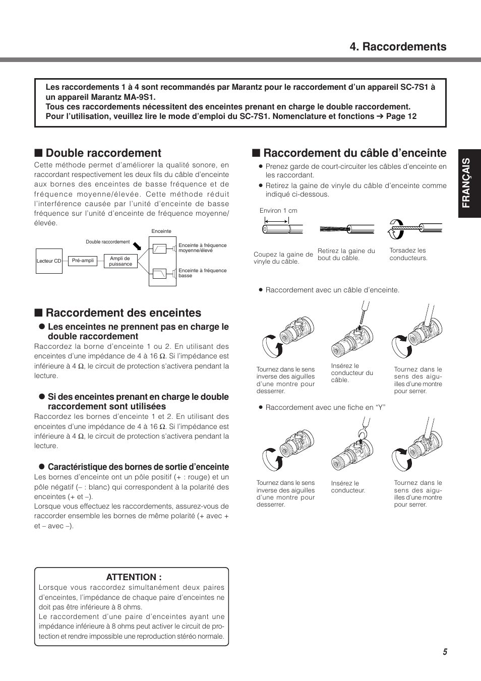 Raccordement du câble d’enceinte, Raccordements, Double raccordement | Raccordement des enceintes, Fran ç ais | Marantz MA-9S1N User Manual | Page 23 / 47