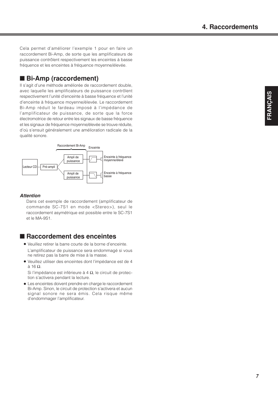 Raccordements, Bi-amp (raccordement), Raccordement des enceintes | Fran ç ais | Marantz MA-9S1N User Manual | Page 25 / 47