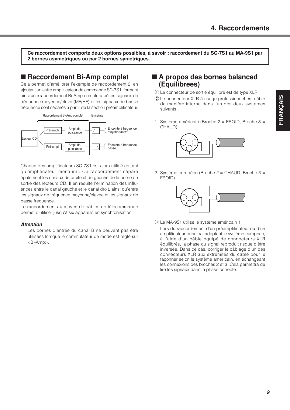 Raccordement bi-amp complet, Raccordements, A propos des bornes balanced (equilibrees) | Fran ç ais | Marantz MA-9S1N User Manual | Page 27 / 47