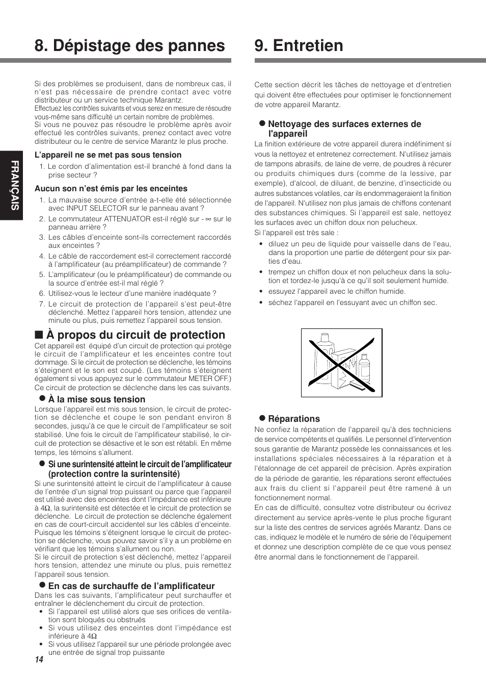 Dépistage des pannes, Entretien, À propos du circuit de protection | Marantz MA-9S1N User Manual | Page 32 / 47