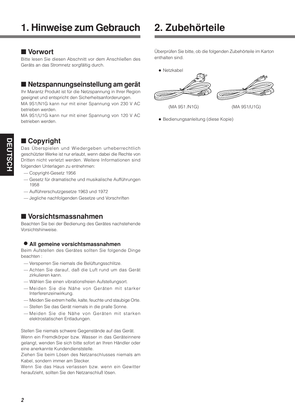 Hinweise zum gebrauch, Zubehörteile, Deutsch | Vorwort, Netzspannungseinstellung am gerät, Copyright, Vorsichtsmassnahmen | Marantz MA-9S1N User Manual | Page 34 / 47