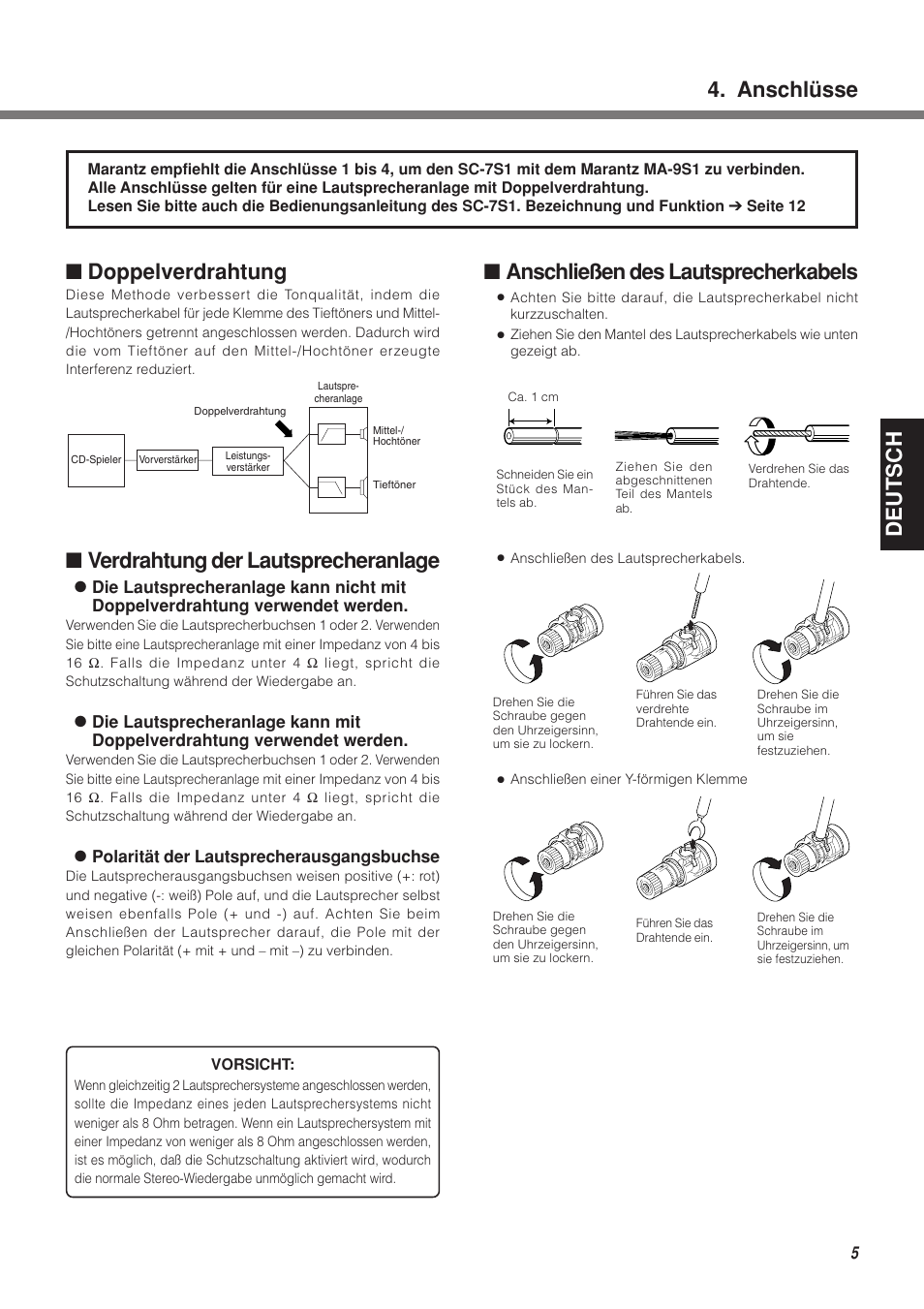 Deutsch ■ anschließen des lautsprecherkabels, Anschlüsse, Doppelverdrahtung | Verdrahtung der lautsprecheranlage | Marantz MA-9S1N User Manual | Page 37 / 47