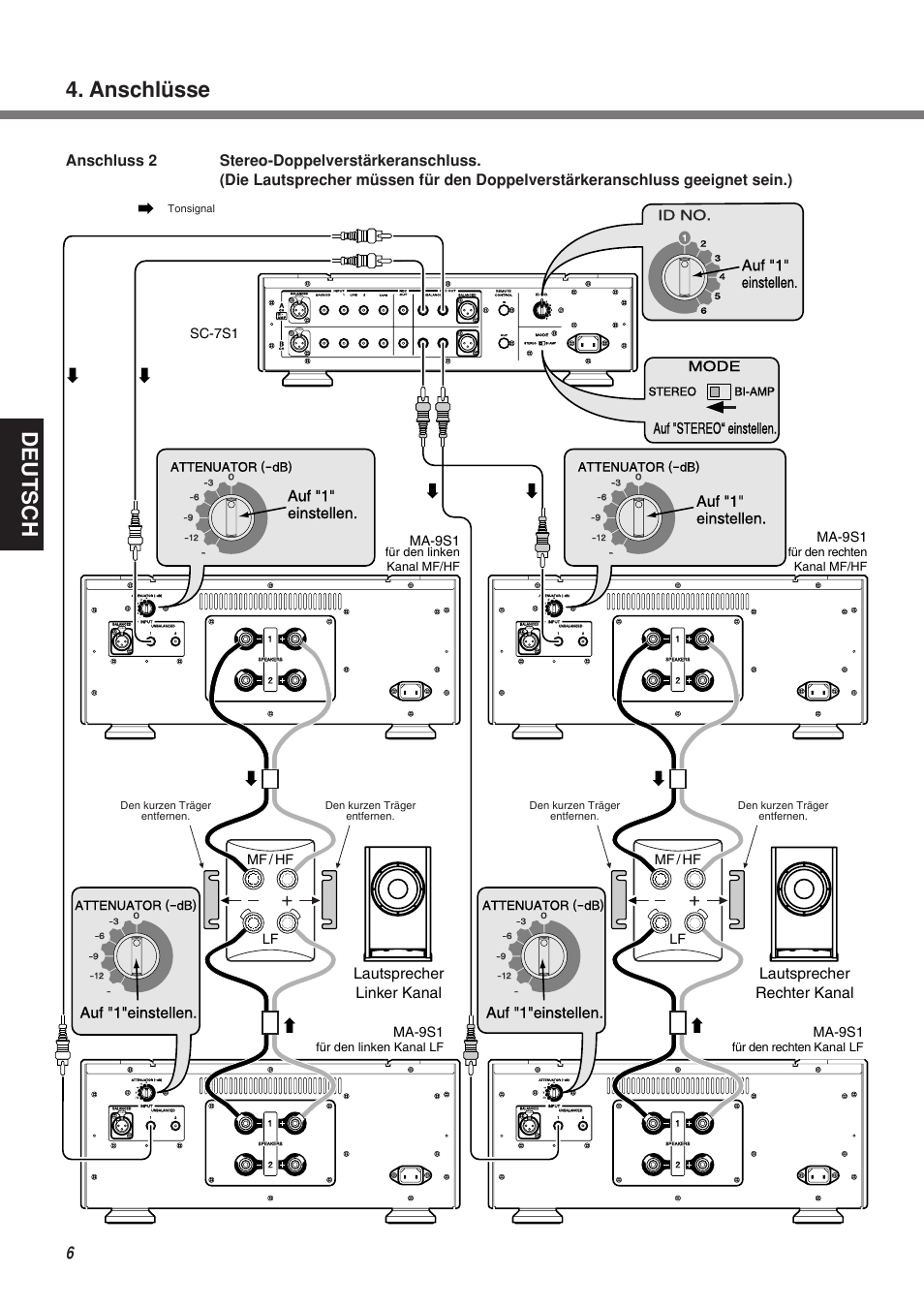 Deutsch, Anschlüsse, Auf "1" einstellen | Auf "1"einstellen, Sc-7s1 mf / hf lf mf / hf lf, Mode, Id no, Ma-9s1, Attenuator (-db), Bi-amp stereo | Marantz MA-9S1N User Manual | Page 38 / 47