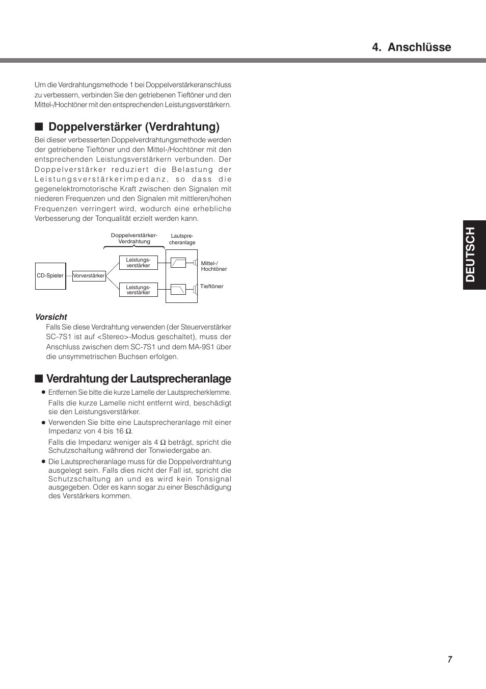 Deutsch 4. anschlüsse, Doppelverstärker (verdrahtung), Verdrahtung der lautsprecheranlage | Marantz MA-9S1N User Manual | Page 39 / 47