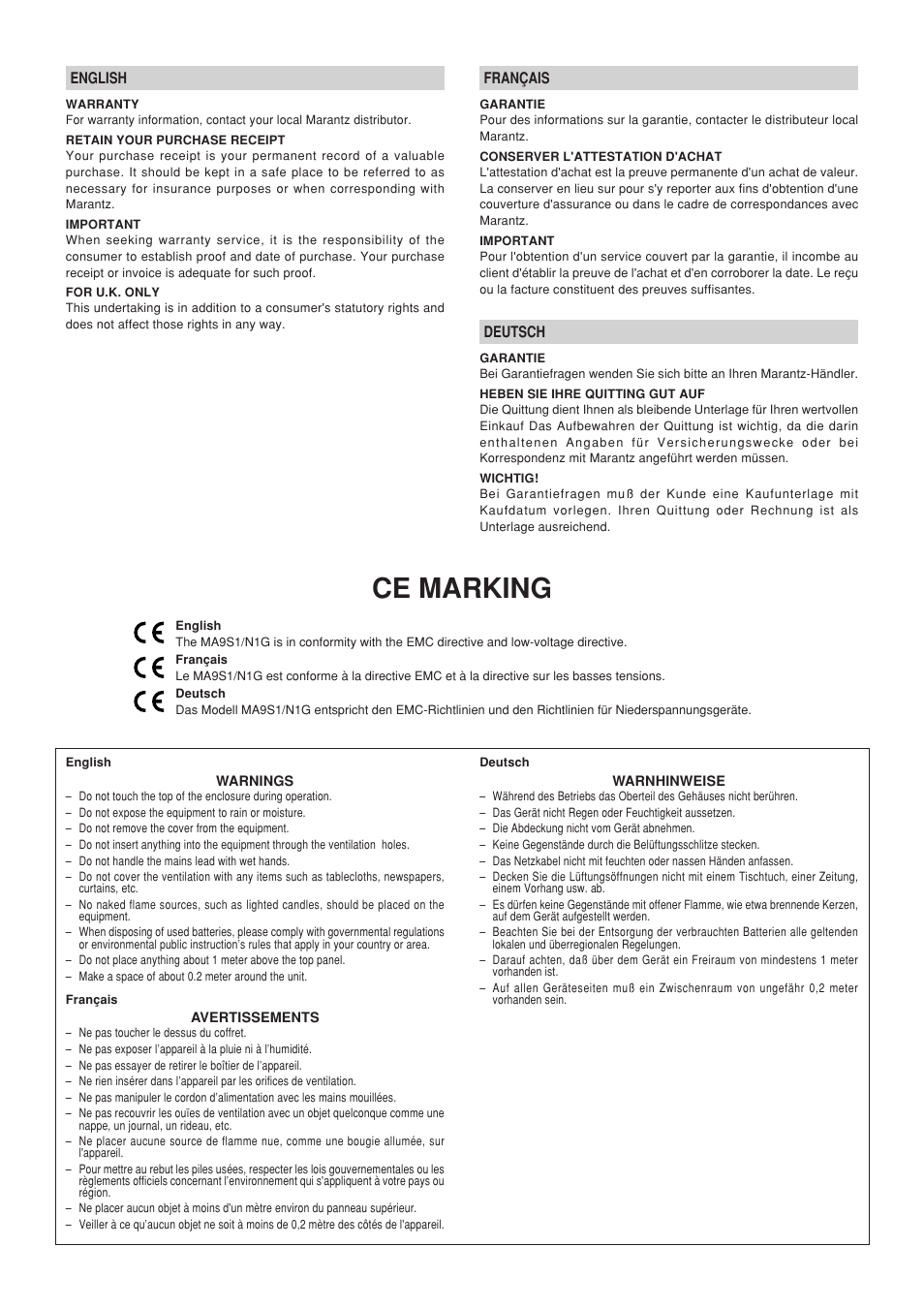 Ce marking | Marantz MA-9S1N User Manual | Page 4 / 47